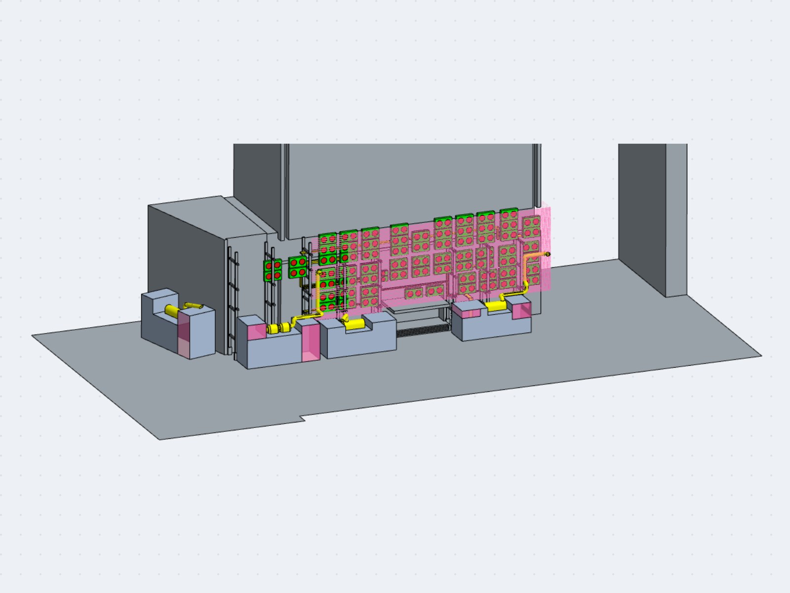 Mô hình 3D: tòa nhà, khu dàn nóng ba tầng sau tường louver, phòng máy phát và tòa bên cạnh